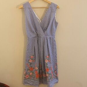 Striped Blue and White Kids Dress with Floral Embroidery